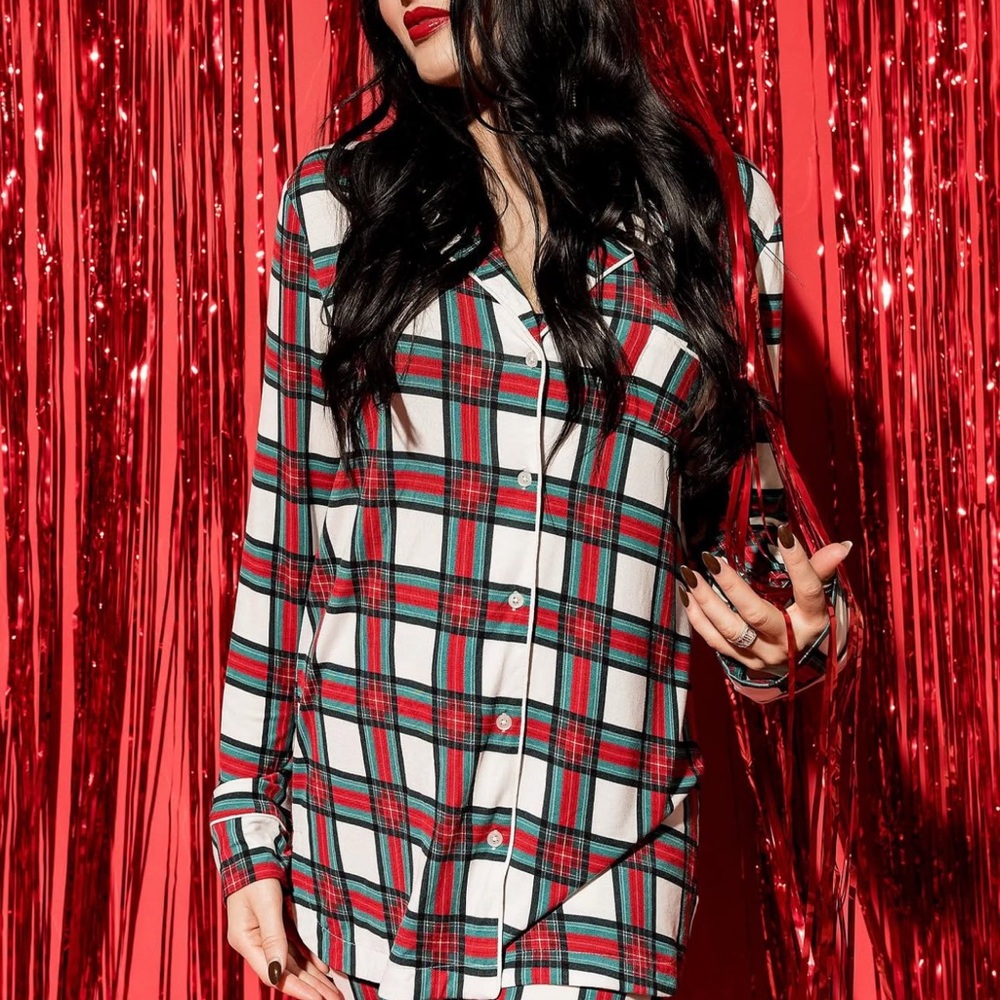 Rachel Parcell Red and White Plaid Pajama Shirt and bottom set. NWT